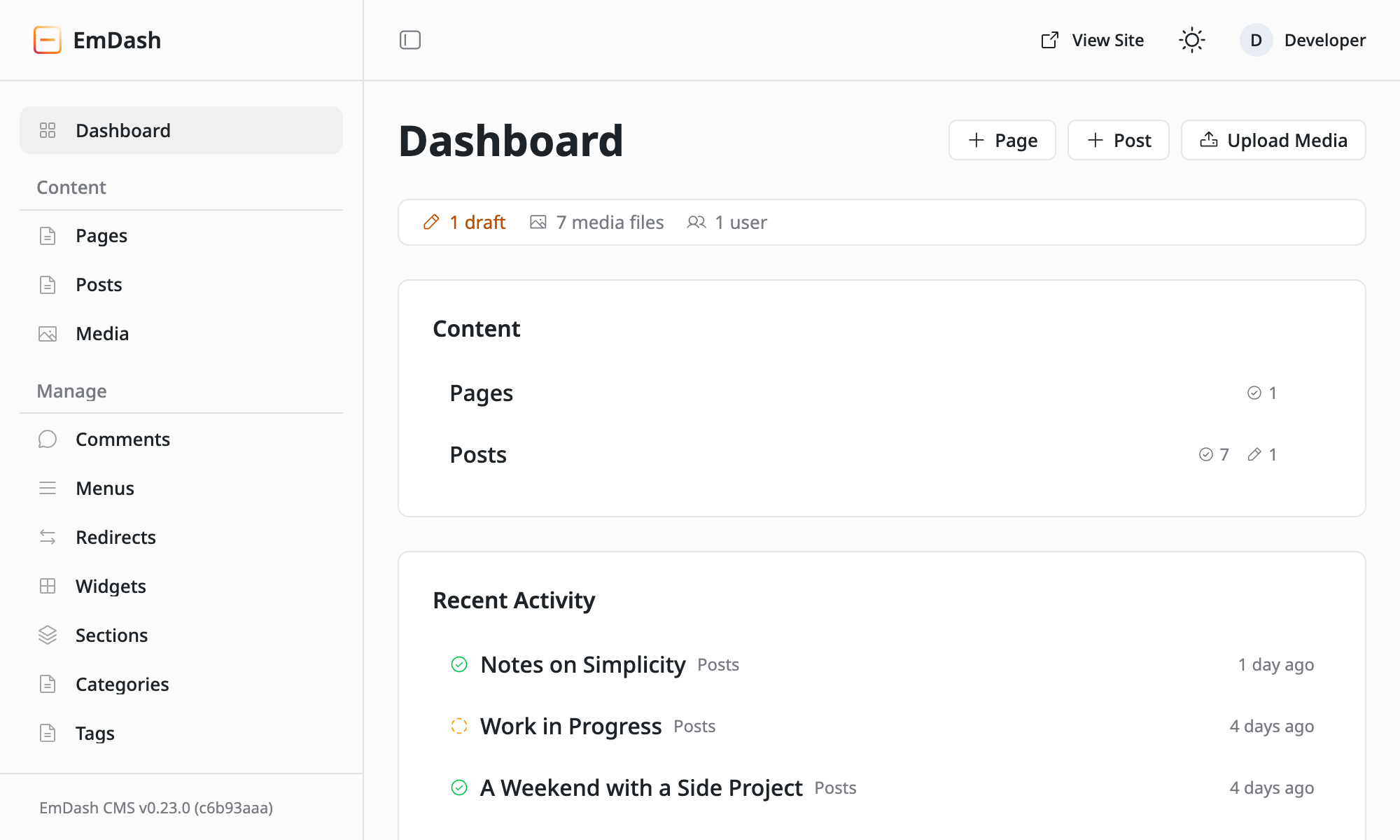 EmDash CMS dashboard